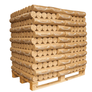 Palette met gecomprimeerde daghoutblokken Piveteau